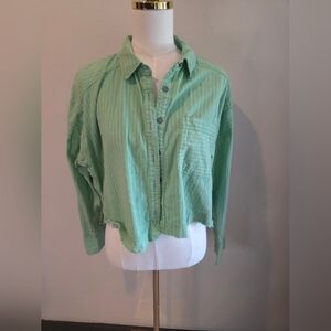 Mint Green Cropped Raw Hen Button-Down Shirt With Stripes